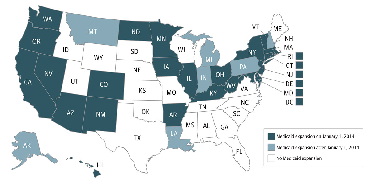 Medicaid Expansion Status by State as of December 31, 2016. Data from Kaiser Family Foundation.