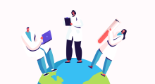 Illustration of three people standing on a globe in lab coats